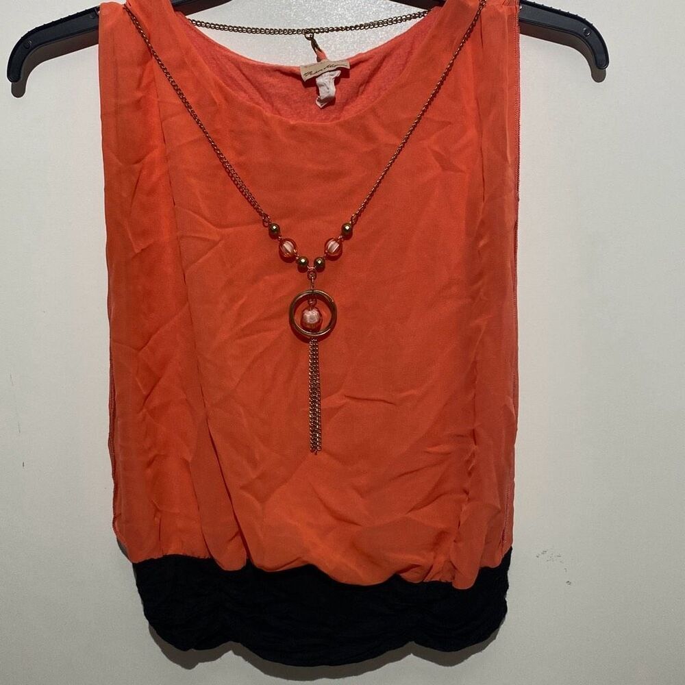 Fashion Magazine Women's Orange Black Sheer Pullover Sleeveless Top Size Large